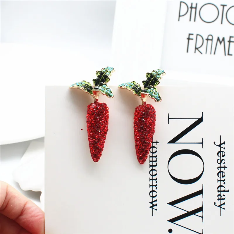 

2019 Korean New Design Fashion Jewelry Full crystal Red Radish Green Leaf Earrings for Women Christmas Gifts