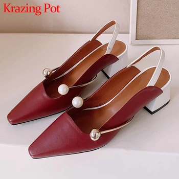 

Krazing Pot large size full grain leather small square toe high heels pearl decorations vintage young lady basic women pumps L80