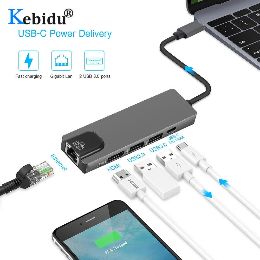 USB C концентратор к USB3.0 HDMI 4K RJ45 Gigabit Ethernet PD3.0 зарядный адаптер USB C док-станция Тип c хаб-конвертер 5 в 1