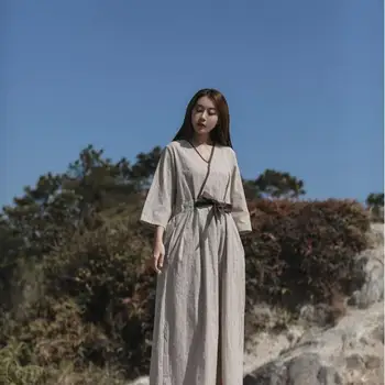 

2020 Spring New Cotton Linen Striped Dress Female Retro Chinese Style V Neck Stitching Hit Color Belt Elegant Dress