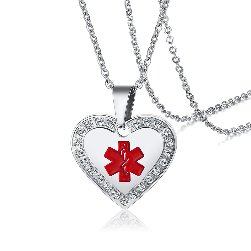 Women Personalize Engrave Medical Alert ID Crystal Heart Pendant Necklace Anti Allergy Emergency Reminder Info Jewelry - Окраска металла: No Custom