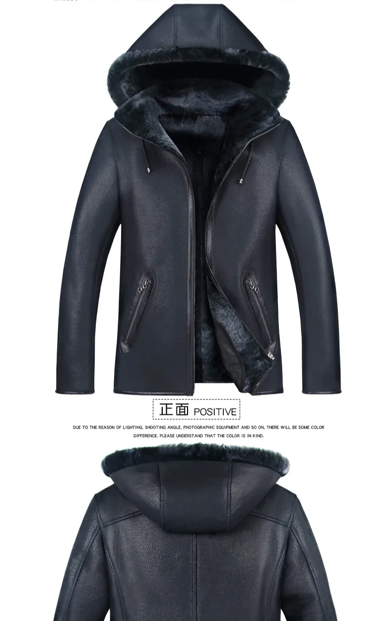 High Quality Men Genuine Leather Coat Sheepskin Mens Hooded Shearling Jacket Leather Winter Jackets Plus Size M-5XL