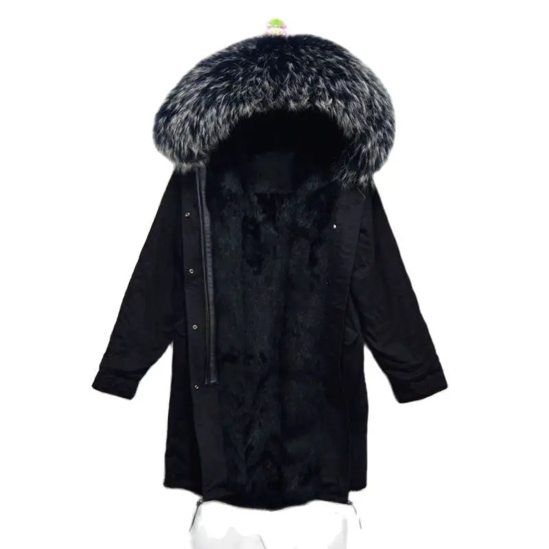 

Fashion Long Style Mens Black Rabbit Fur Lined With Huge Raccoon Fur Hoodies Mr Mrs Furs Wear