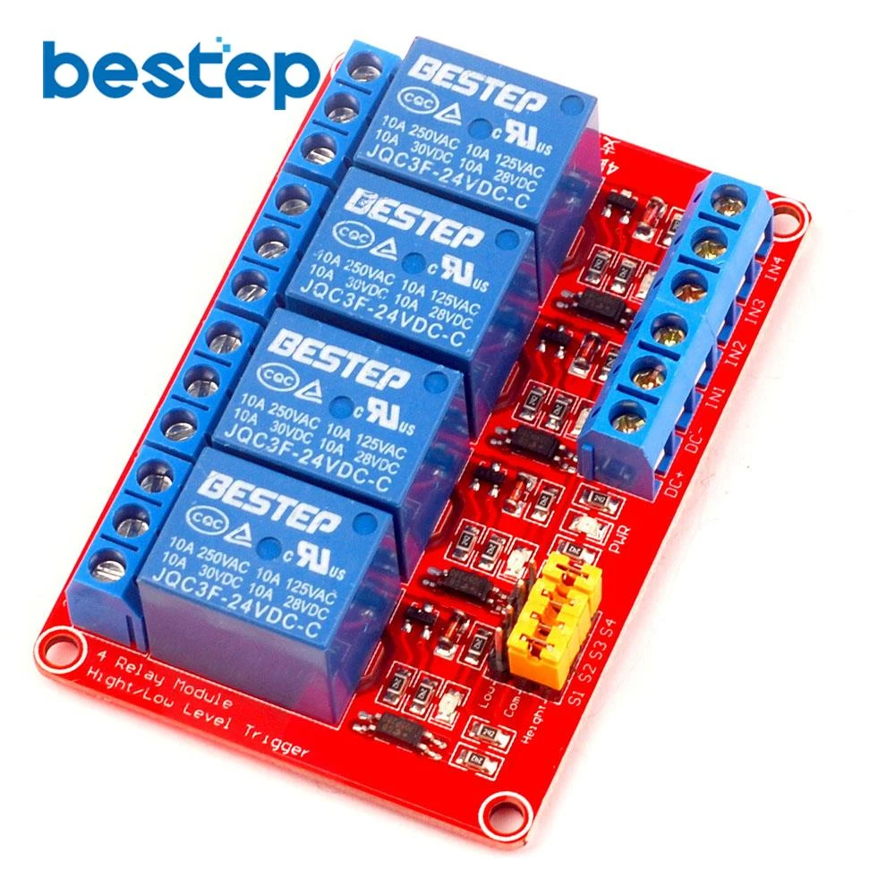 DC 24V 4-Channel Relay Control Module Low Level Trigger with Red & Blue Indicators for Arduino DC 24V 4-Channel Relay Control Module Low Level Trigger with Red & Blue Indicators for Arduino
