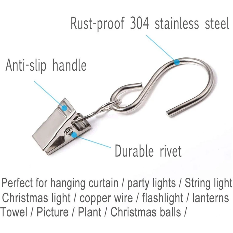 50 шт. зажимы для штор из нержавеющей стали с крючками для зажим для подвешивания вешалки желоба крючки для вечерние светильник для струн открытый держатель провода