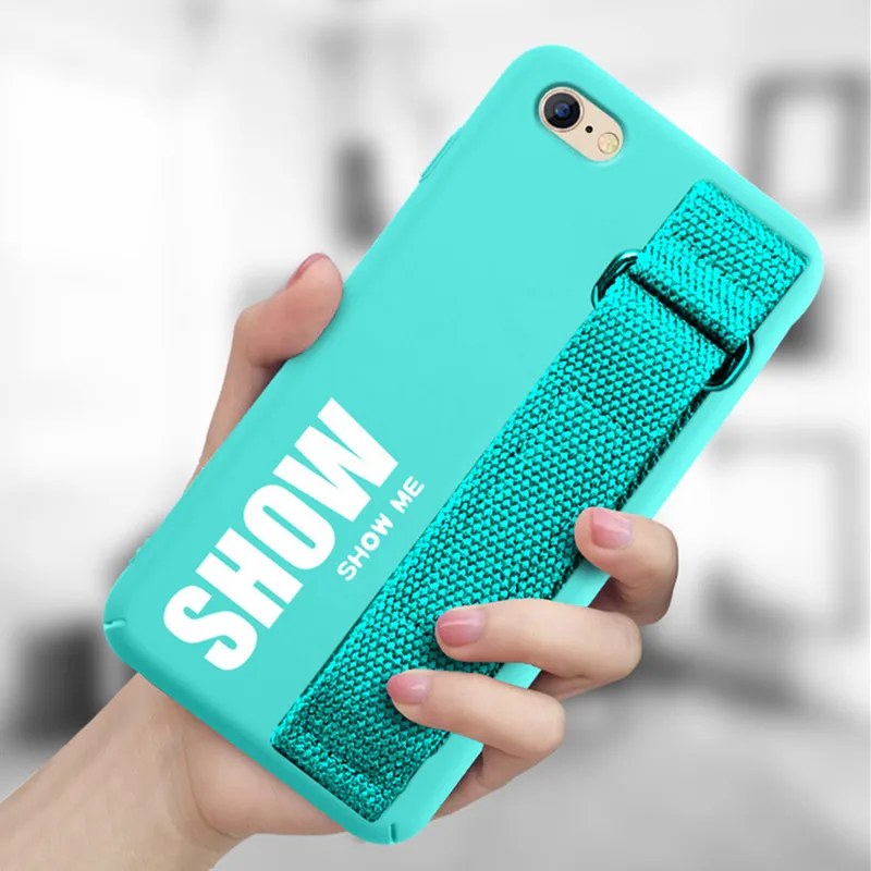 

Simple Colorful Wrist Strap Hand Band PC case for iPhone 6 6s 7 8 Plus X Xr Xs Max Back Phone Stand Protect Cover