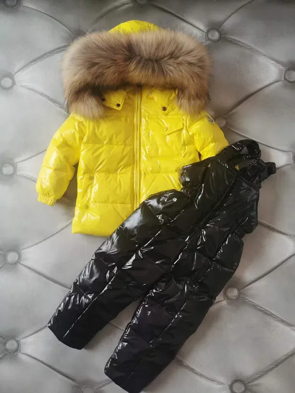 

real Fur 2021 Winter Jacket Children down jackets & pant duck down Fur hooded girl snowsuit boy set outerwear ski suit Snowsuit