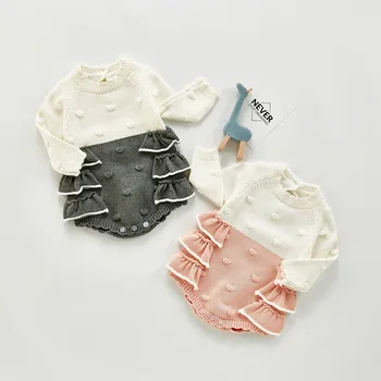 

2020 autumn winter new baby girls princess long sleeves knitted bodysuit sweet lace ruffle sweater one-piece splicing bodysuits