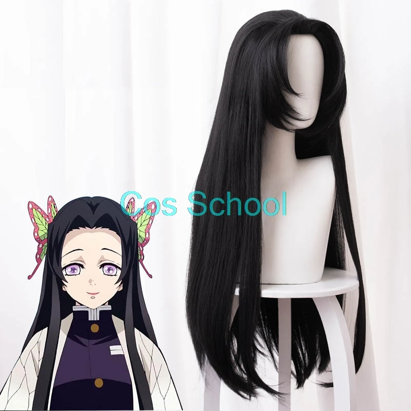 Cos School Kochou Kanae парики Demon Slayer Kimetsu no Yaiba Косплей парики Kanae Kochou черные длинные прямые волосы аниме аксессуары