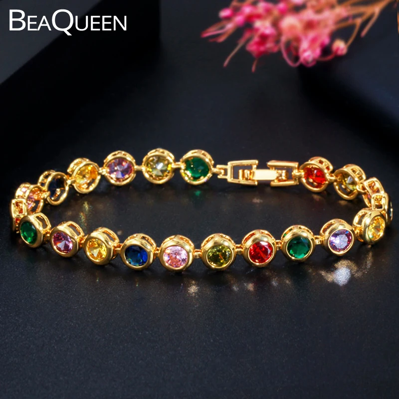 BeaQueen стильные Дубай желтые разноцветные круглые кубический цирконий браслеты