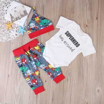 

Newborn Infant Baby Boy Outfits Superhero Romper T-shirt+Long Pants Hat 3pcs Set