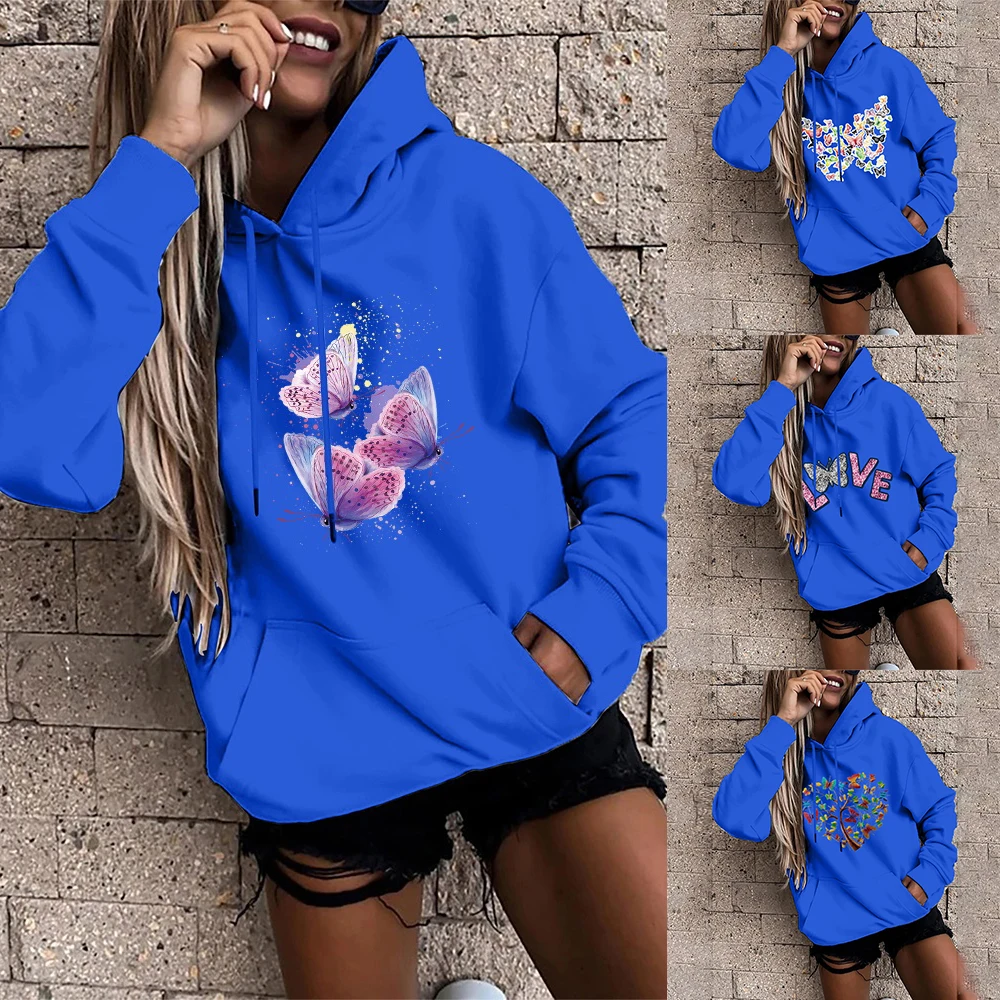 Hoodie Sweater Women Spring and Autumn New Butterfly Print Warmth Polyester-cotton Hong Kong Style Niche Design Print Top Trend