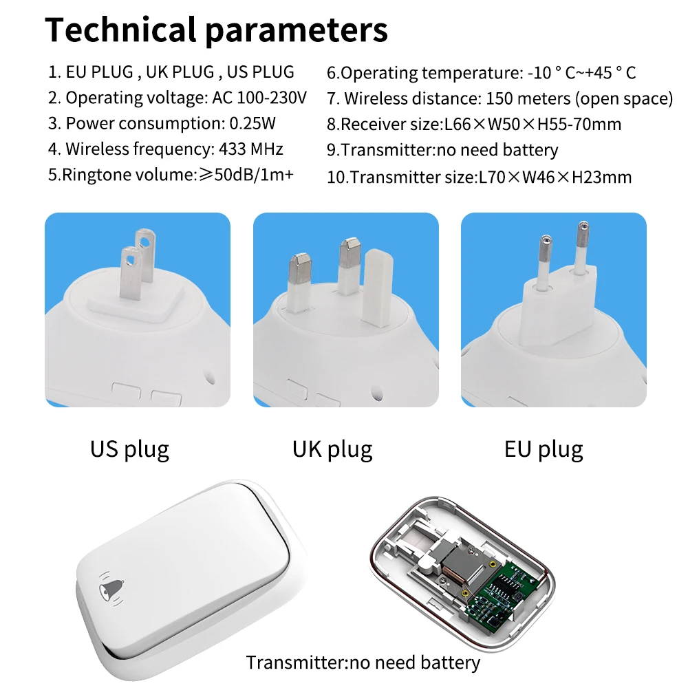 Wireless Doorbell WENHIOT Intelligent Wireless Doorbell Battery Free EU UK Plug Waterproof Home Wireless Buzzer Welcome Doorbell
