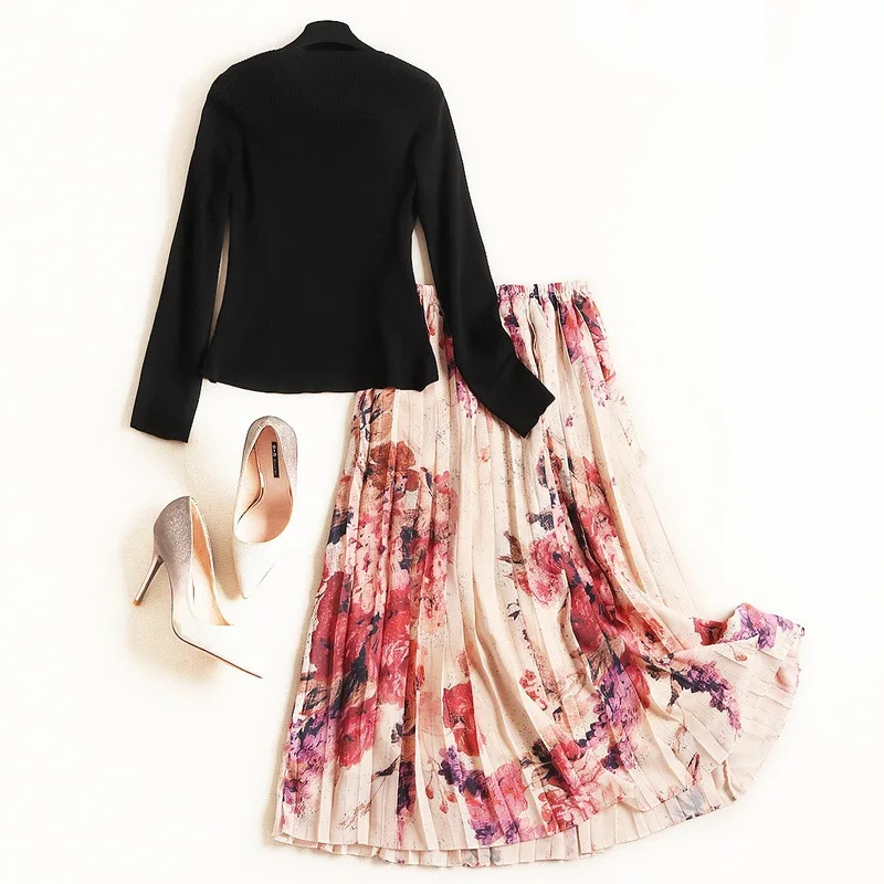 new autumn black knit sweater tops pearls beading V-neck pullovers+ floral print skirts suit two piece set
