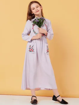 

pocket long dress light purple color long sleeve sweet dress for kids girl Muslim child girl leisure long dresses