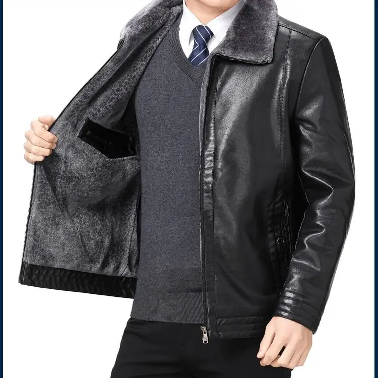 

Winter new middle-aged and old leather men plus plus thick fur all-in-one father winter jacket middle-aged leather jacket