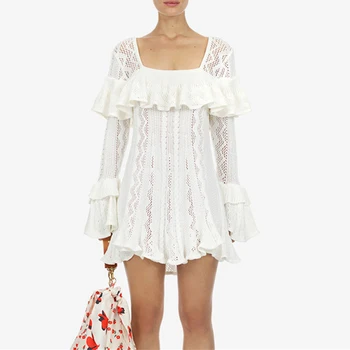 

Self Portrait Dress 2019 Autumn New White Elegant Dress Ladies Party Squire Collar Flare Long Sleeve Knit Mini Dress