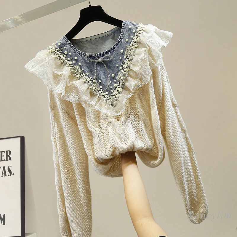 Knit Top Woman Handmade Beaded Denim Stitching