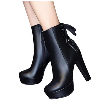 

Platform Boots High Heels 2121 WoMen Fashion Square Heel Shoes Waterproof Super High Heels Platform Booties