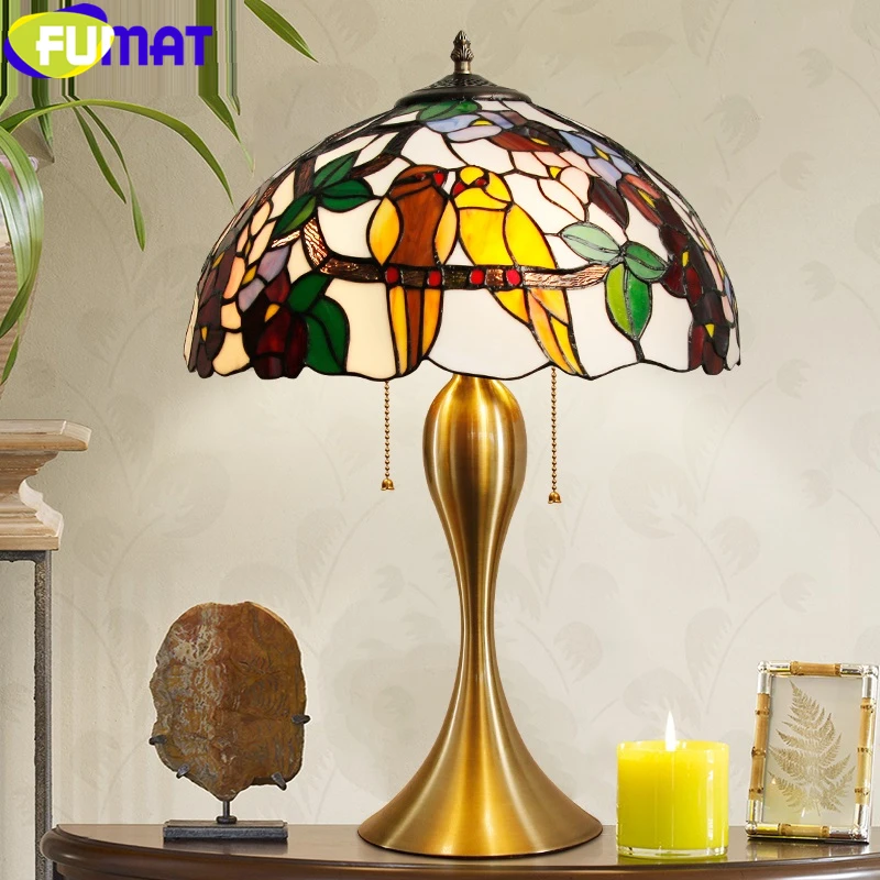 Fumat Love Bird Tiffany Style Table Lamp Peach Wisteria Leaf