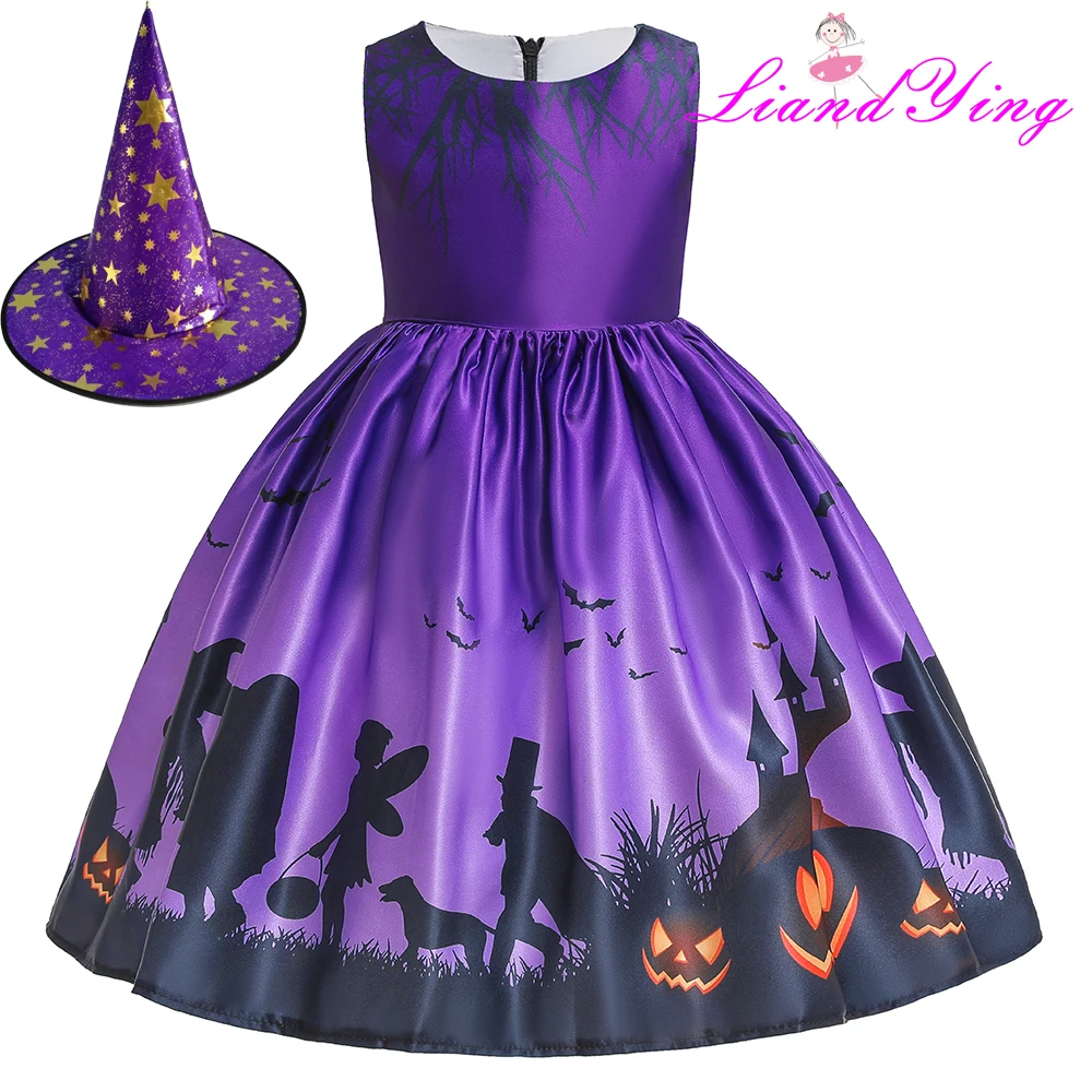 Новинка года; платье Фэнтези ведьмы с шляпой; Детские вечерние платья для косплея на Хэллоуин для девочек; костюм ведьмы; одежда для детей