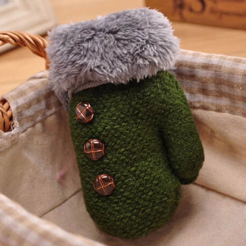 Ideacherry Kids Full Finger Gloves Cute Buttons Print Solid Warm Knitted Girls Winter Boys Children Cashmere - Цвет: deep green