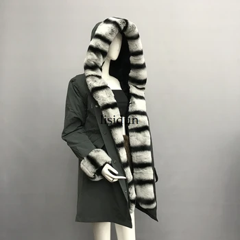 

2019 natural fox fur coat Silver Fox collar plus size long winter Jacket Rex rabbit liner red fox hooded thick warm parks Disass