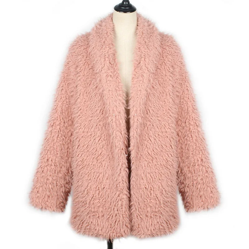 Pink Женское мягкое теплое пальто с отворотом из искусственной овчины пушистая открытая лицевая сторона куртки наружное ветрозащитное пальто Зимняя верхняя одежда модные топы S-3XL - Цвет: Pink
