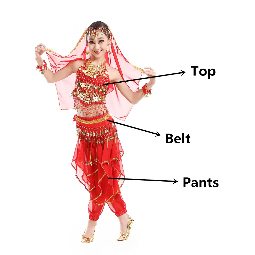 Костюмы для танца живота, детские костюмы для восточных танцев живота, танцевальные костюмы для индийского танца живота, одежда для танца живота, детские индийские костюмы - Цвет: Red 3pcs