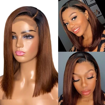 

Ombre brown bob Wigs Synthetic Lace Front Wig Straight Bob Lace Front Human Hair Wigs With Baby Hairs Lace Wigs