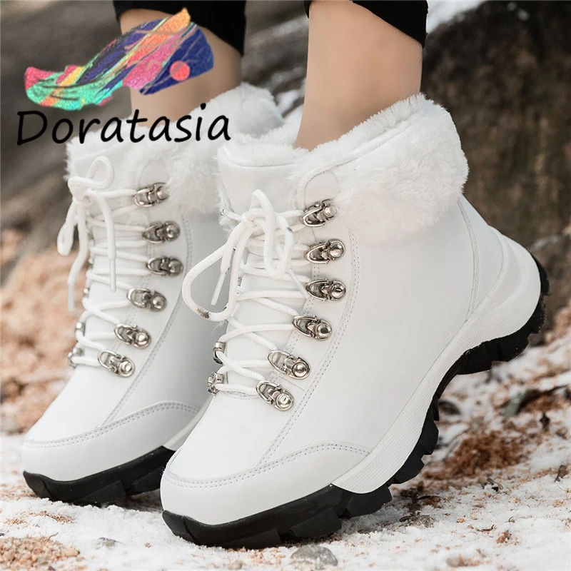 DORATASIA/Новинка; модные зимние теплые кроссовки; женские ботиночки на шнуровке; Зимние ботильоны на меху; ; женская обувь на танкетке