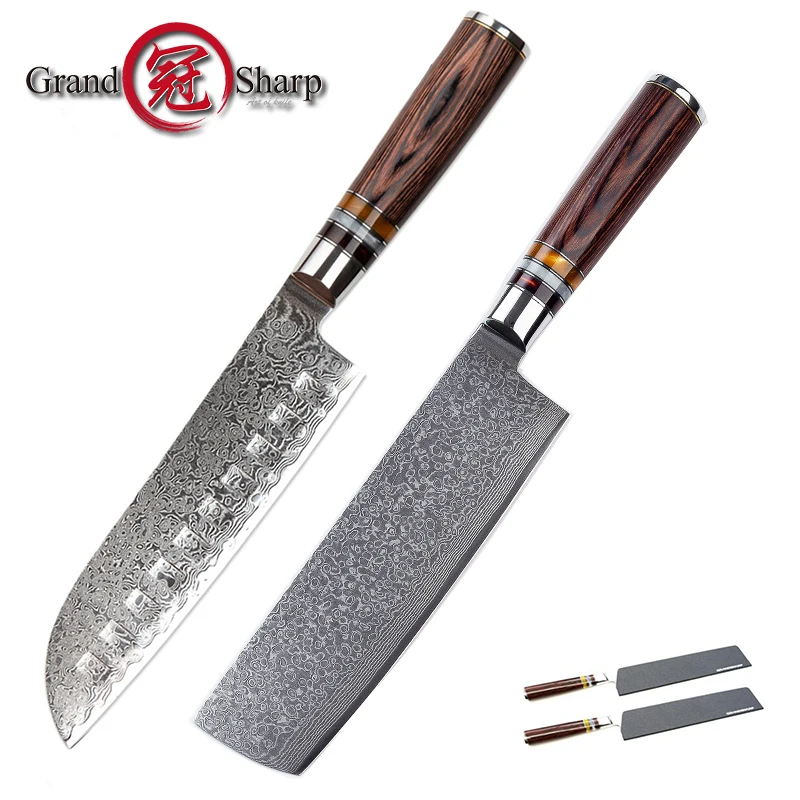 GRANDSHARP Damascus Knife Sets vg10 Japanese Damascus Steel Kitchen Slicing Knives Chef's Set Family Gift Kitchen Cooking Tools - Цвет: 2pcs knives