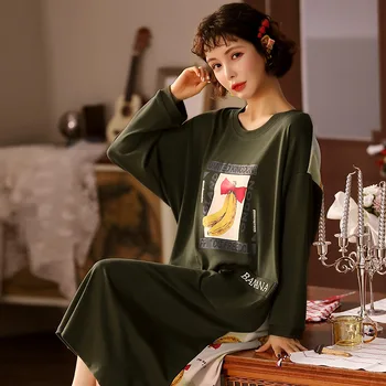 

Nightdress women's loose Korean cotton nightgownmedium length sleepwear Plus-sized home clothes Cotton long sleeve nightgown