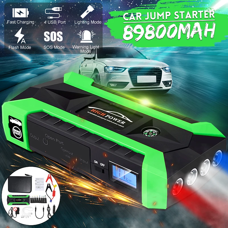  89800mAh Multifunction Jump Starter 4 USB 4 LED Lights Portable Power Bank Car Battery Booster Char