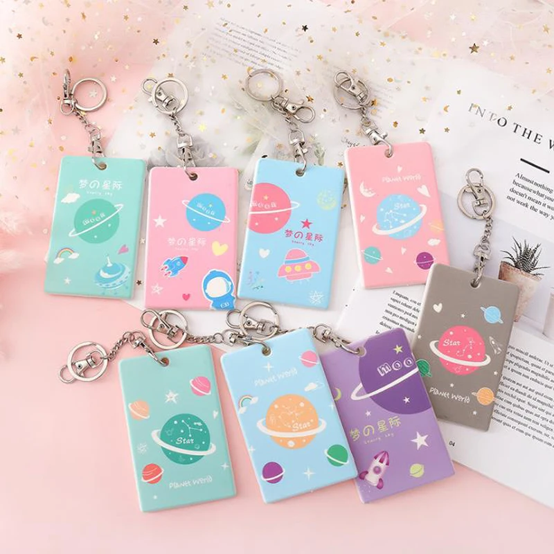 

1 Pcs Kawaii Starry Sky Planet Space Star Plastic Keychain Card Holders Business Bus ID Bank Badge Card Case Cover for Students