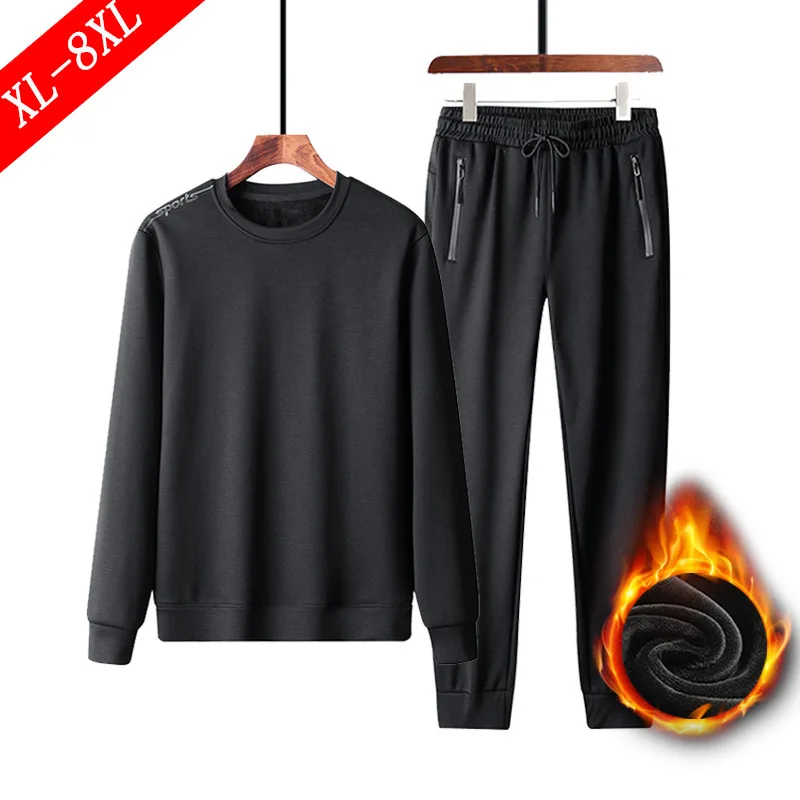 

Winter Brushed And Thick Warm Lard-bucket Large Size Casual Mink Cashmere Set Men's round Neck Fleece Lined Versatile Sports Set