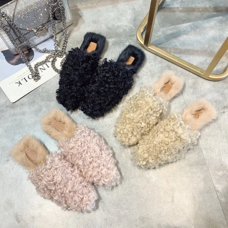 

Solid Fashion Closed Toe Concise Fluffy Fur Slippers Women Flat With Low Casual Ladies Slides Faux Fur Outside Winter Shoes