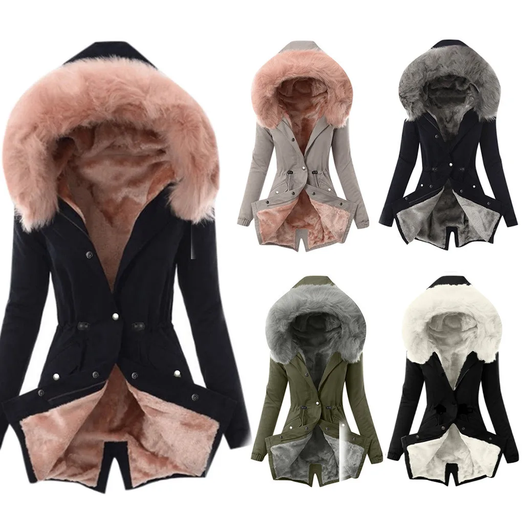 Ladies 2020 New Women Autumn Winter Fur Lining Coat Womens Winter Warm Thick Long Jacket Hooded Warm Vintage Overcoat Plus Size 2