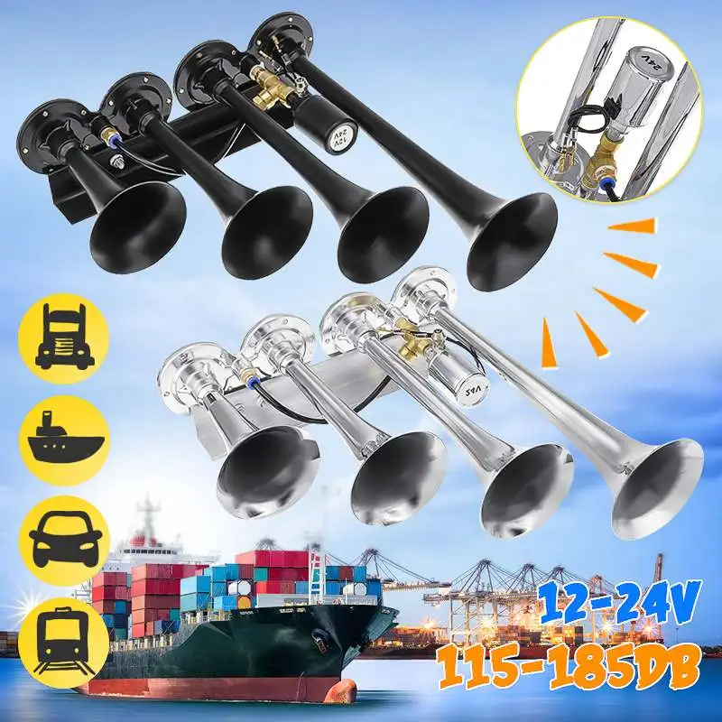 12 V/24 V 185Db 4/четыре супер труба Хром Авто Воздушный Рог Комплект для передних и задних фонарей грузовик поезд лодка яхта внедорожник велосипед 60-150 фунтов на квадратный дюйм S