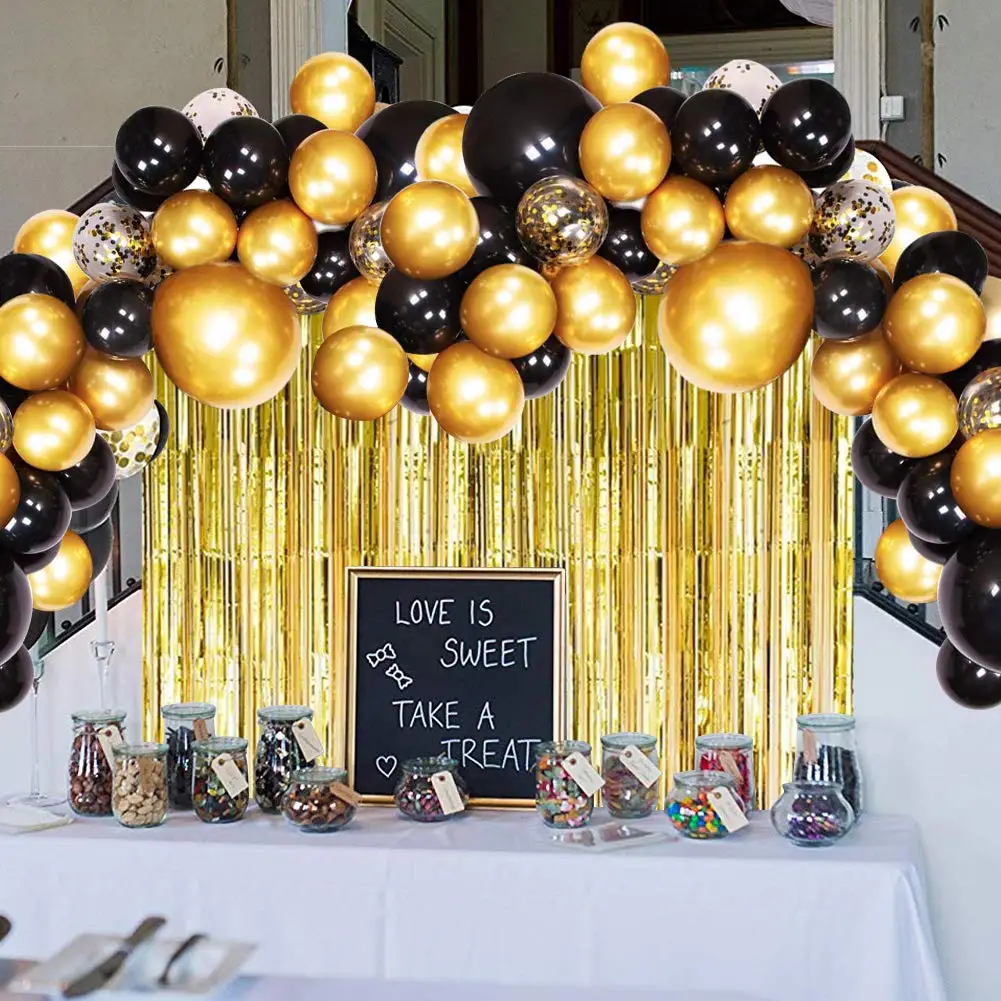 Metable 112 шт DIY черный золотой шар гирлянда арочный комплект с золотой занавеска с блестками для свадьбы День рождения украшения, товары для вечеринки