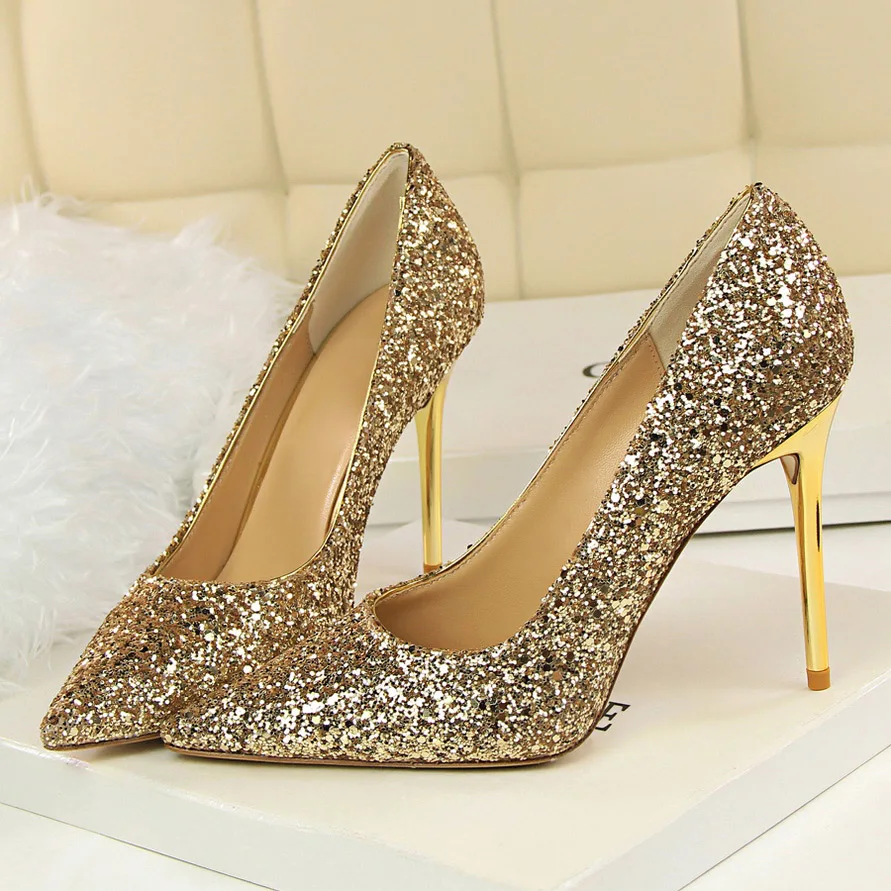 

2019 Women 9.5cm High Heels Plus Size 43 Stripper Glitter Scarpins Luxury Pumps Stiletto Wedding Bridal Gold Silver Fetish Shoes