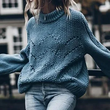 

Women's Sweaters Hollow Out Loose Knitted Lantern Sleeve O-Neck Solid Pullover Sweater Female Autumn Warm Ladies Pullovers