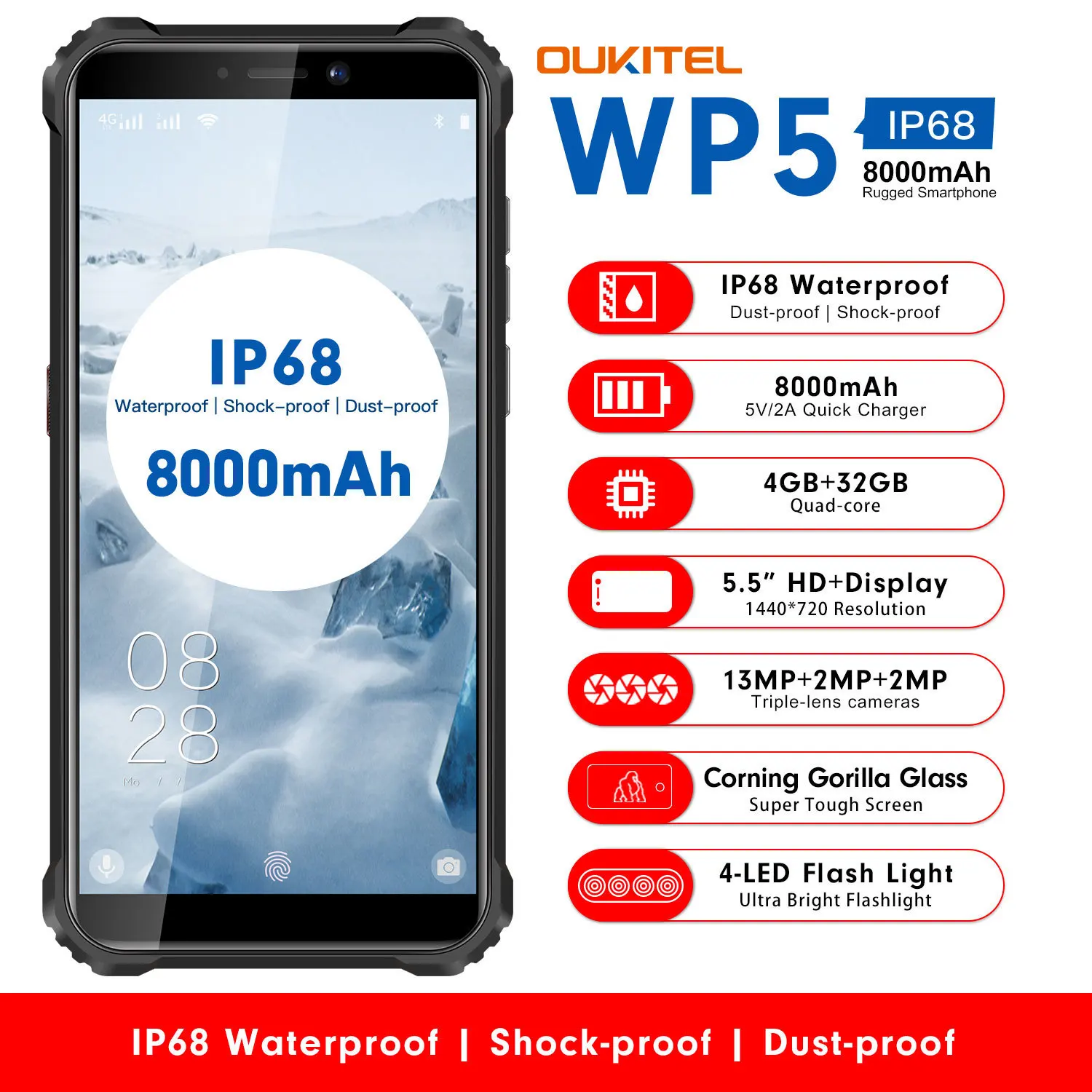 OUKITEL WP5 8000mAh IP68 shockproof Rugged Smartphone Android 9.0 Triple Camera Face/Fingerprint ID 5.5" 4GB 32GB Mobile Phone