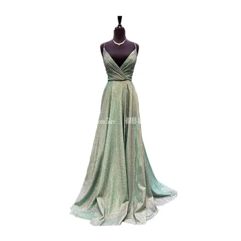 

Glittery Prom Dresses 2020 With Side Split V-neck Long Dress Zipper Up Back Evening Gowns Vestidos De Fiesta De Noche