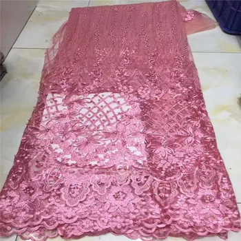 

2019 High Quality French 3D pink Tulle Beaded African Lace Fabric stones 3d Embroidered Nigerian Lace Fabrics For Wowen Dress