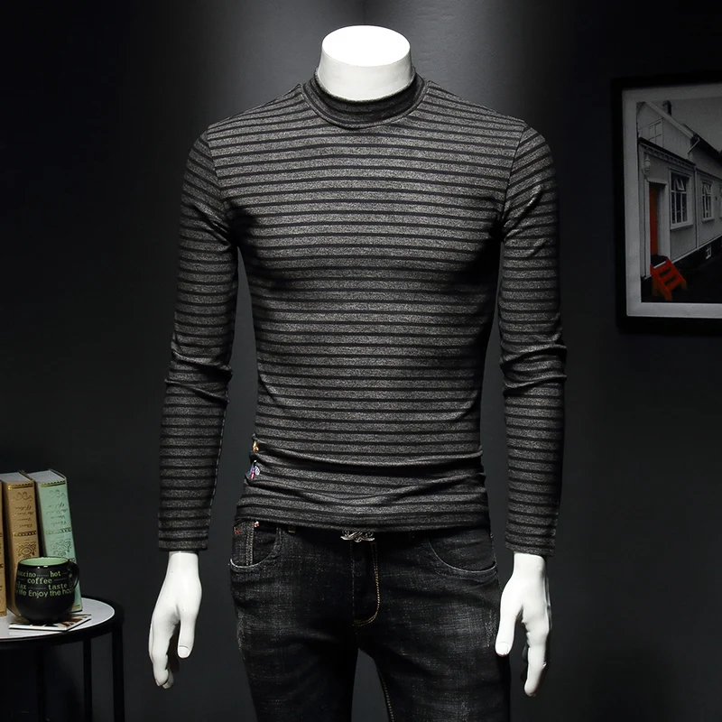 

High Quality Black Gray Men's T-shirt 2019 Autumn Half Turtleneck Male Tshirt Striped Print Slim Long Sleeve Shirts C43