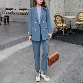 

Fashion Women Blazer Suits Long Sleeve Double- breasted Blazer Pants Suit Office Ladies Two-piece Blazer Sets 2020