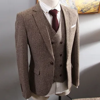 Traje de negocios para Hombre, Traje de 3 piezas de Tweed en espiga marrón, ajustadas coreanas personalizadas para novio, trajes de boda, esmoquin, 2020