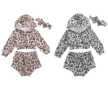 

Fashion Toddler Kid Baby Boys Girls Long Sleeve Leopard Hooded Top Casual Short Pants Hairband Outfit Clothes Set 3PCS