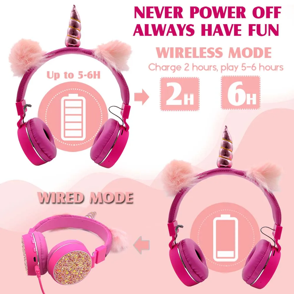 JINSERTA Unicorns Earphone Stereo Bluetooth Kids Headphones FM Radio With Mic Support Handsfree TF Card AUX